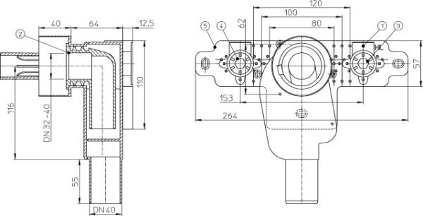 Waschtisch-Einbau-Siphon-Montagegruppe DN40 bestehend aus HL134.0, HL44, 2 Wandscheiben, HL42.B und HL42.R HL134/40
